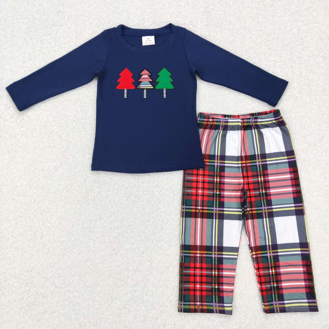 BLP0352 boy christmas tree embroidery navy plaid long sleeve pant boy outfit 20231023 RTS