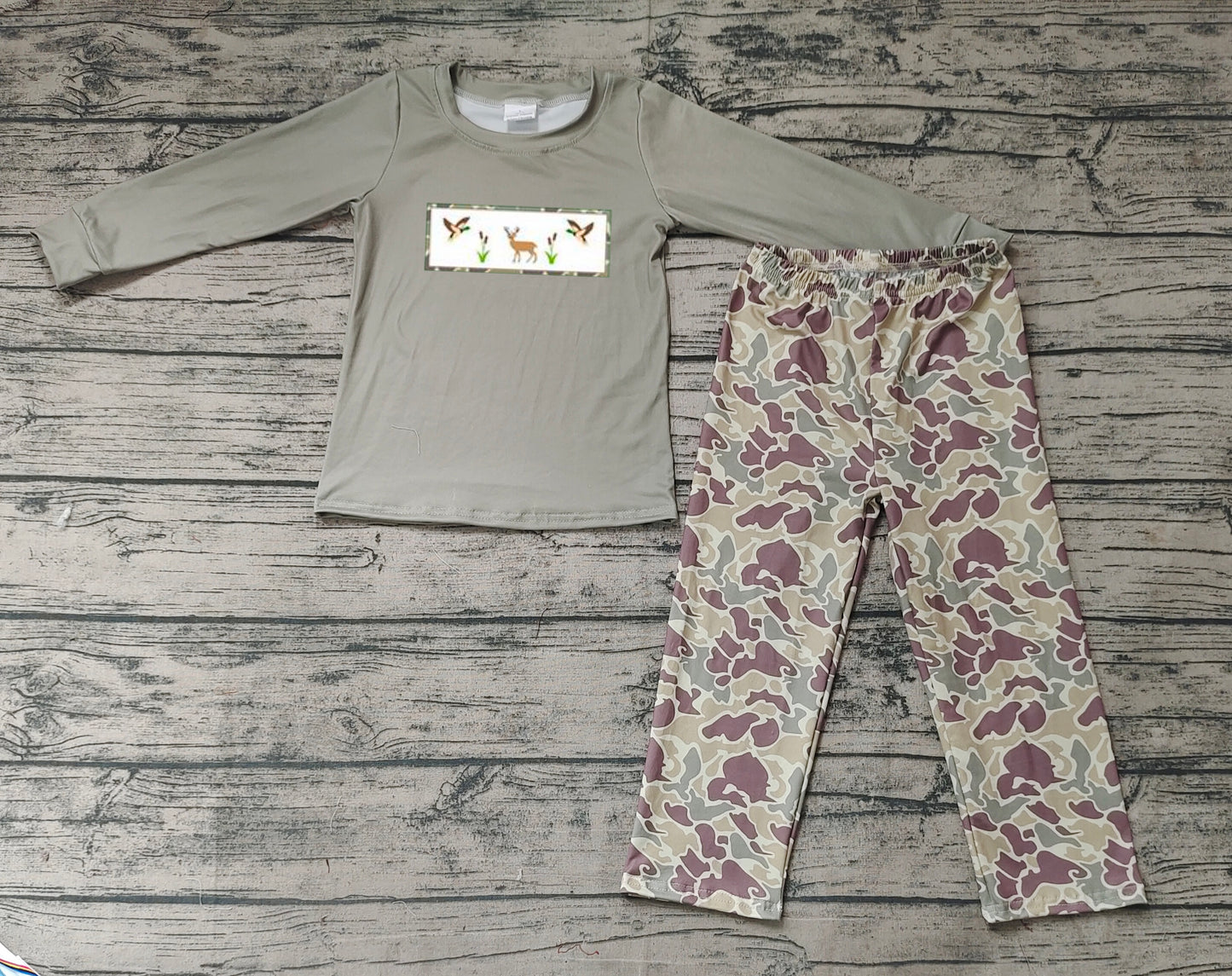 BLP0368 embroidery duck deer long sleeve boy camo green outfit 20231030 RTS