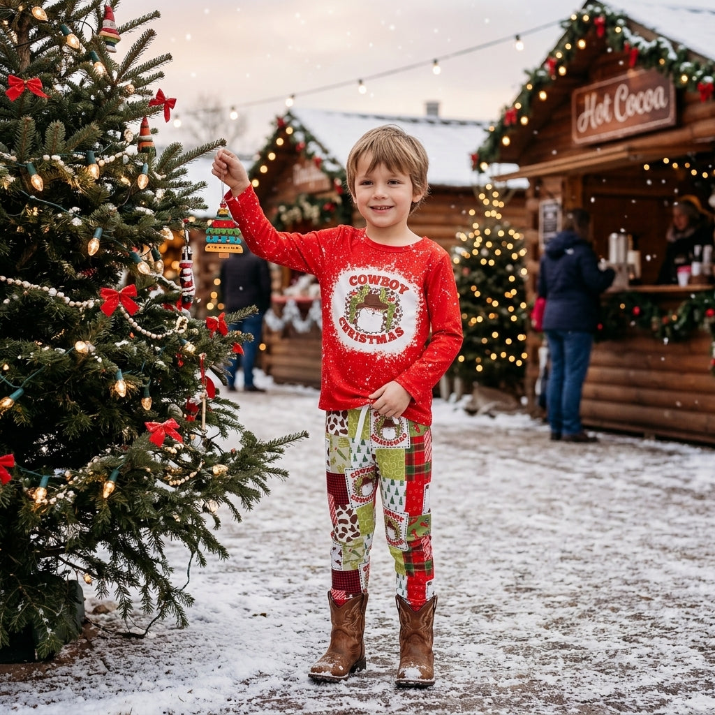 NO MOQ RTS BLP0375 Baby Boy Clothes Cowboy Santa Christmas Long Sleeve Top Pants Set 202609