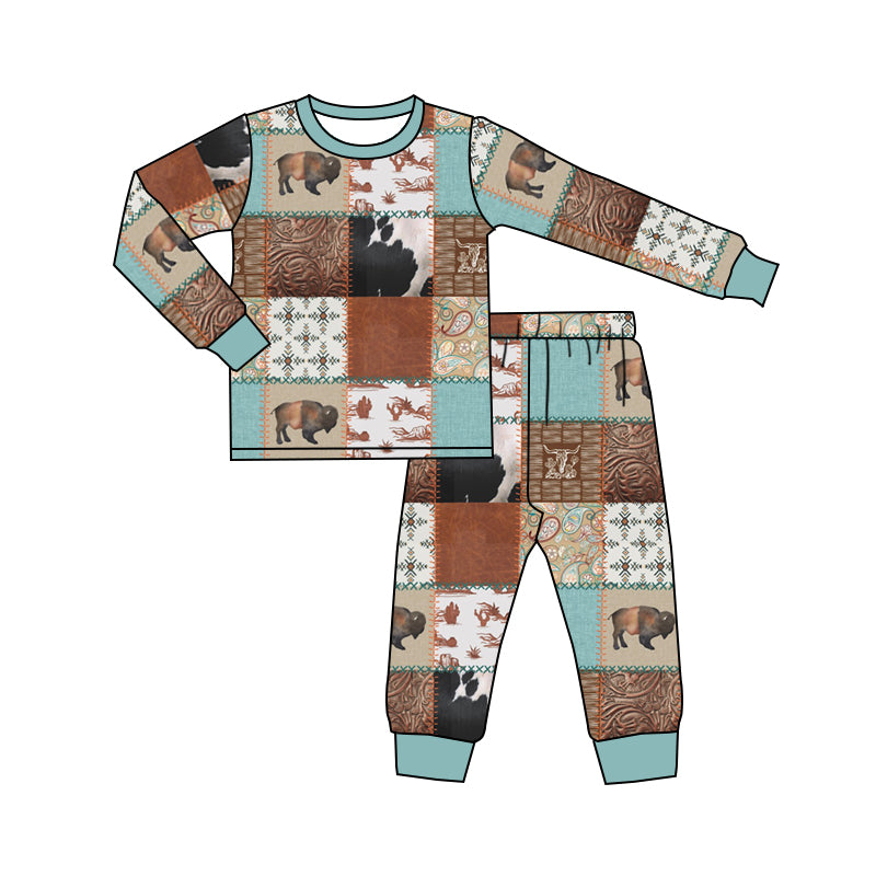 BLP0384 cow western long sleeve  boy pajamas outfit preorder 20230916