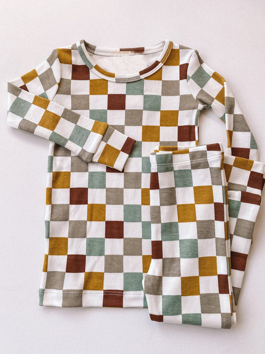 BLP0385 checkerboard long sleeve  boy pajamas outfit preorder 20230916