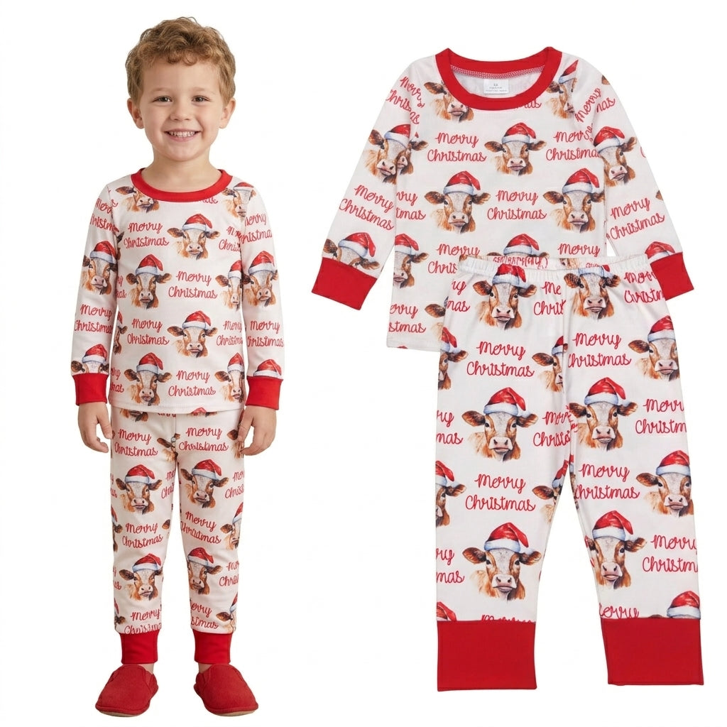 NO MOQ RTS BLP0388 Baby Boy Clothes Christmas Cow With Santa Hat Allover Print Long Sleeve Cuff Pant Pajama Clothes Set 202610