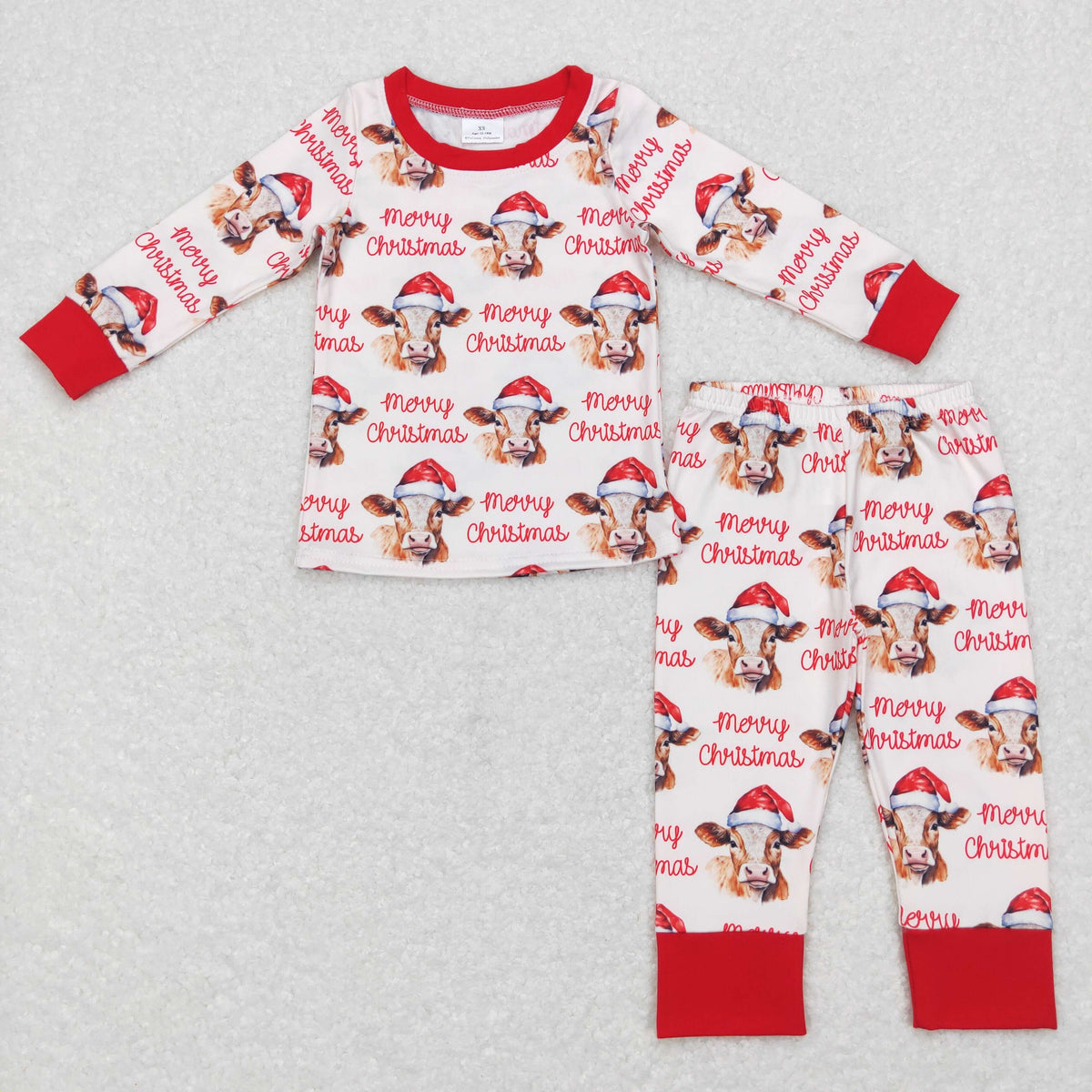 NO MOQ RTS BLP0388 Baby Boy Clothes Christmas Cow With Santa Hat Allover Print Long Sleeve Cuff Pant Pajama Clothes Set 202610
