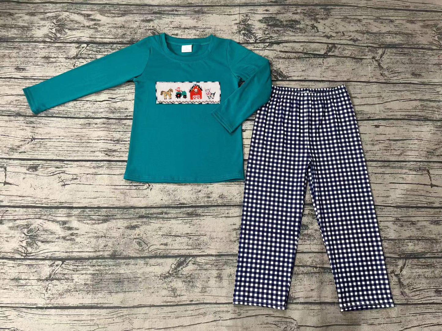 BLP0398 RTS farm checkerboard embroidery long sleeve kids boy outfit 202231121 RTS