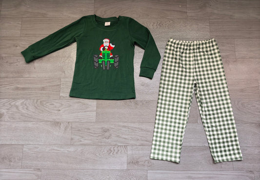 Sample-Real Pics BLP0529 Baby Boy Clothes Santa Tractor Graphic Print Long Sleeve Top Green Gingham Pant Pajama Set