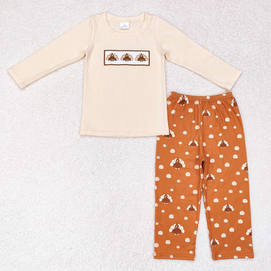 BLP0542 Embroidery turkey pumpkin boy outfit pajamas 202407 sibling