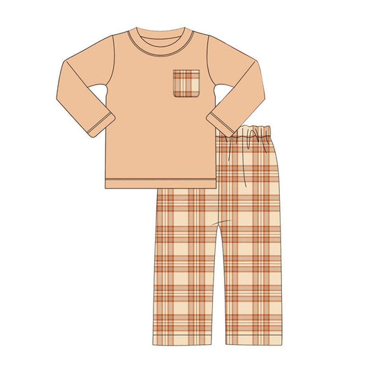 maple leaf sibling checkerboard plaid orange  BLP0658 preorder western  pajamas boy outfit 202407 sibling