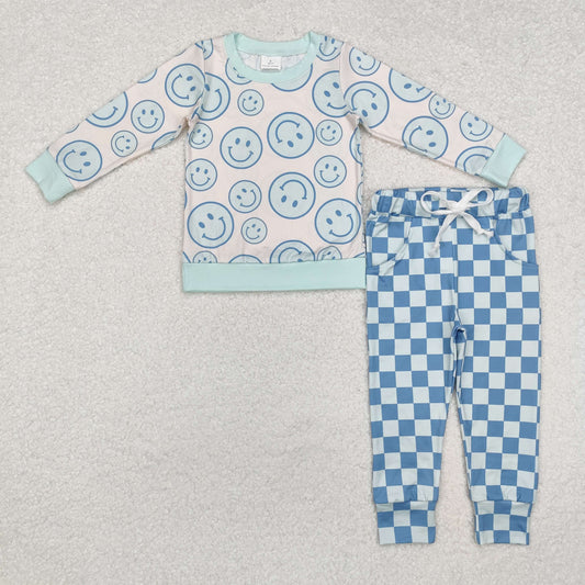 BLP0798 smile checkerboard long sleeve children boy outfit pajamas 202411 RTS