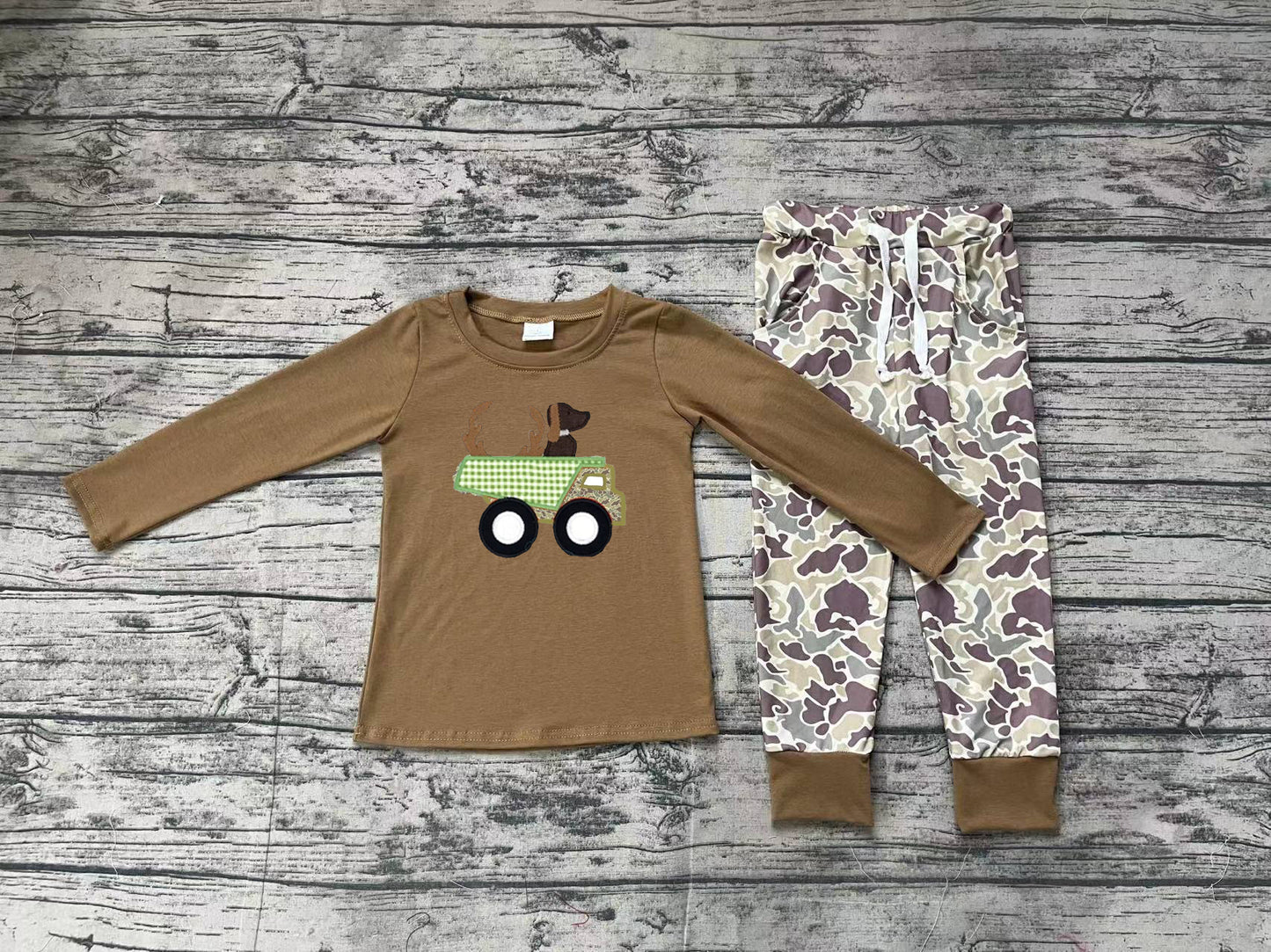 BLP0886 embroidery hunting dog car camo sibling blue long sleeve boy pajamas outfit  202409 preorder