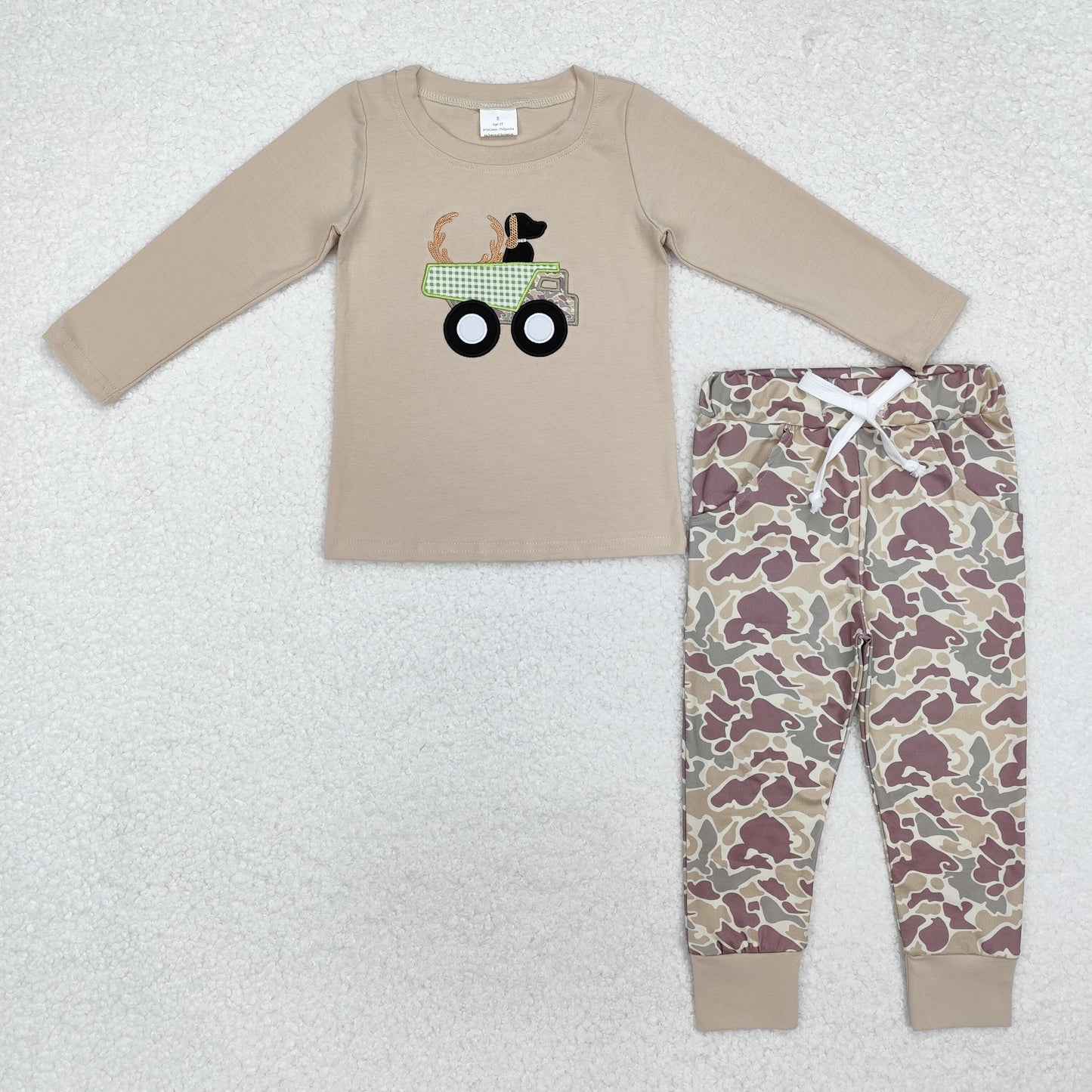BLP0886 embroidery hunting dog car camo sibling blue long sleeve boy pajamas outfit  202411 rts