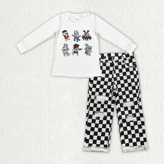 BLP0892 组合 Halloween bluey boy short sleeve checkerboard denim jeans girl boy outfit RTS 202408 RTS