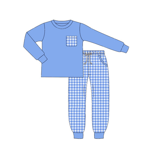 BLP0896  preorder solid cotton pocket  blue plaid boy pajamas outfit 202408