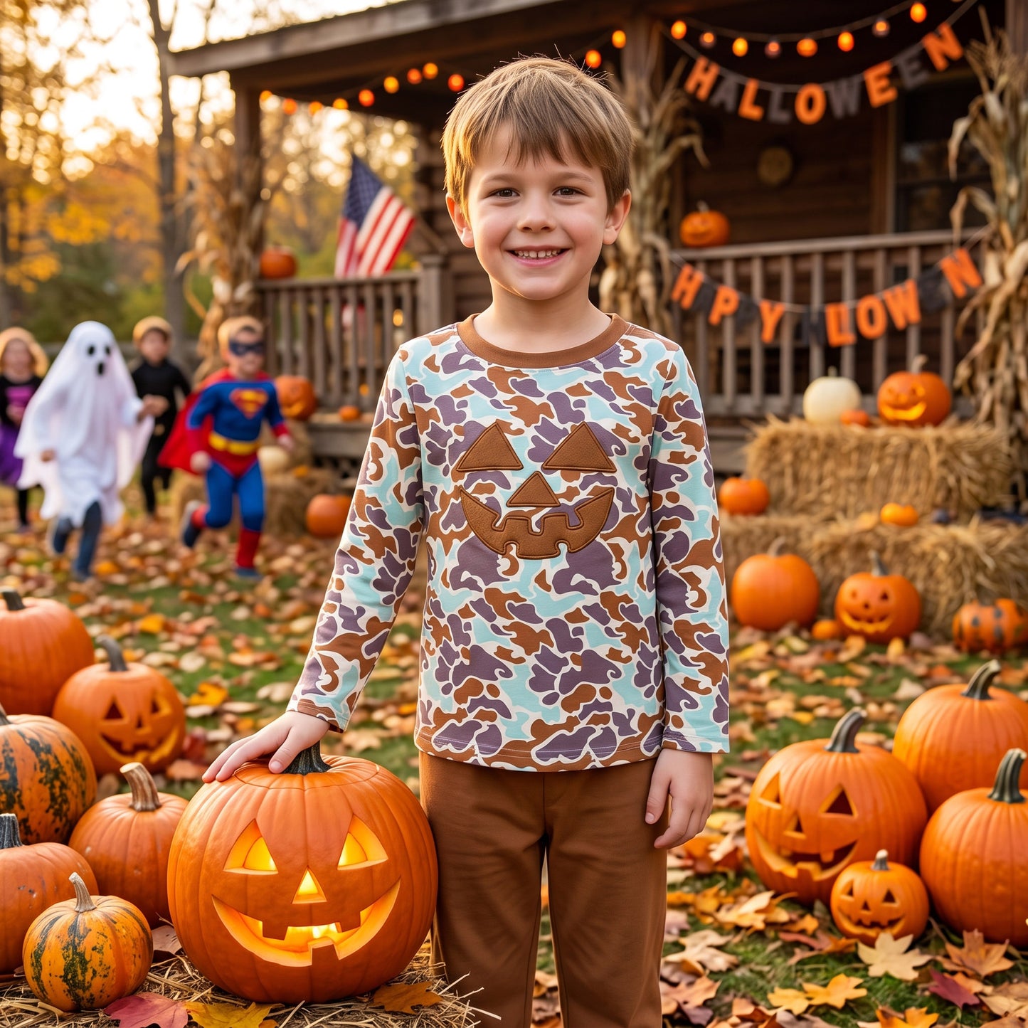 NO MOQ RTS BLP1193 pumpkin Halloween camo western kids boy outfit Embroidered 202508