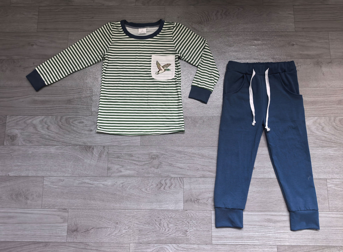 Sample-Real Pics BLP1351 Baby Boy Clothes Green White Stripe Duck Pocket Print Long Sleeve Tee Navy Jogger Pant Set