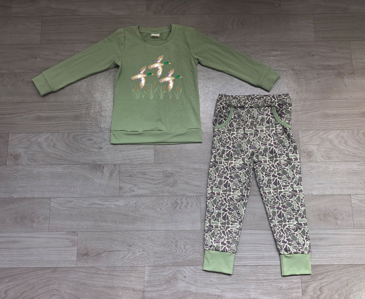 Sample-Real Pics BLP1358 Baby Boy Clothes Duck Embroidery Print Long Sleeve Top Camo Jogger Pant Set