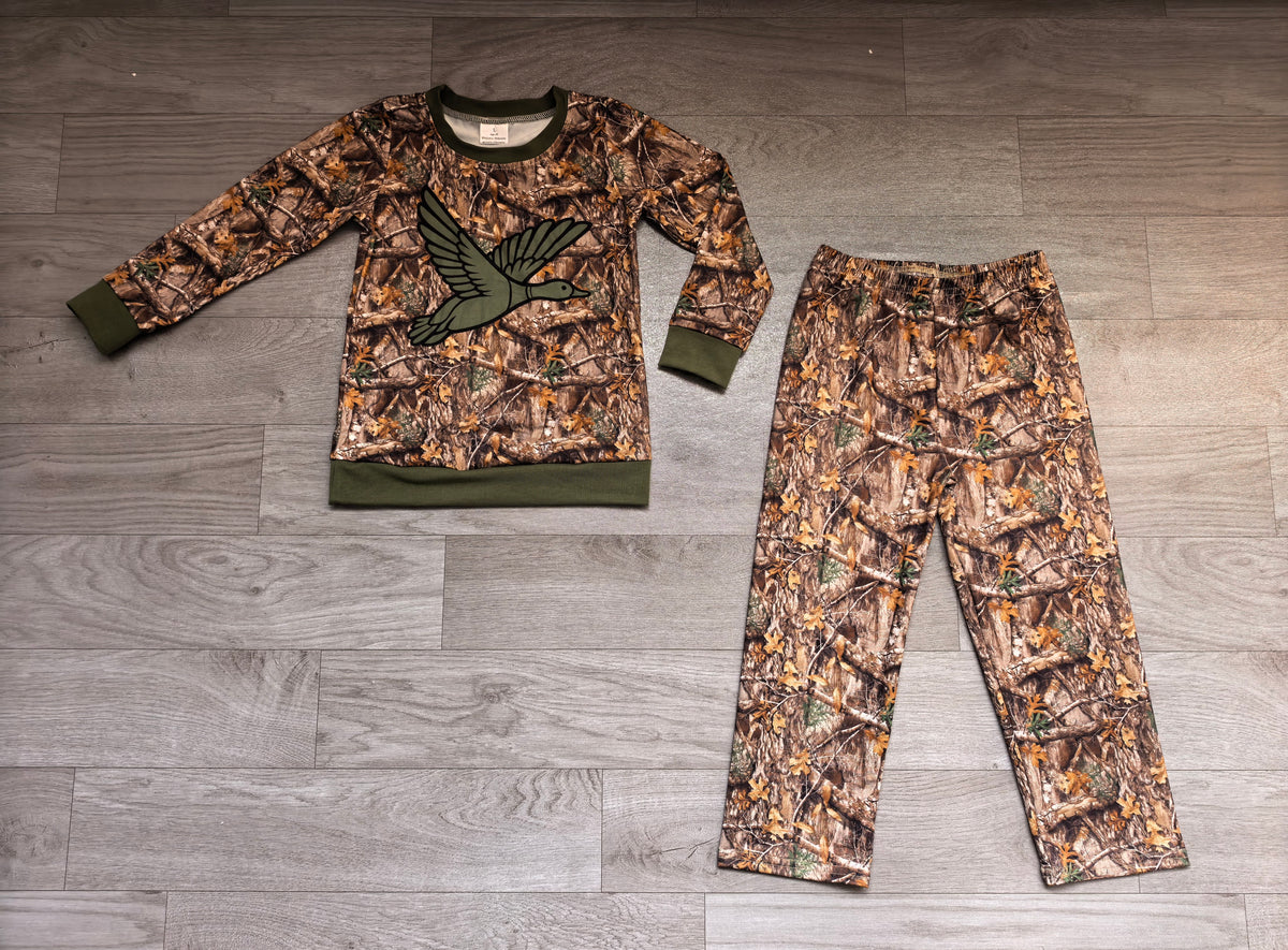Sample-Real Pics BLP1456 Baby Boy Clothes Duck Graphic Camo Tree Print Long Sleeve Straight Pant Set