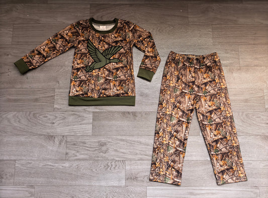 Sample-Real Pics BLP1456 Baby Boy Clothes Duck Graphic Camo Tree Print Long Sleeve Straight Pant Set