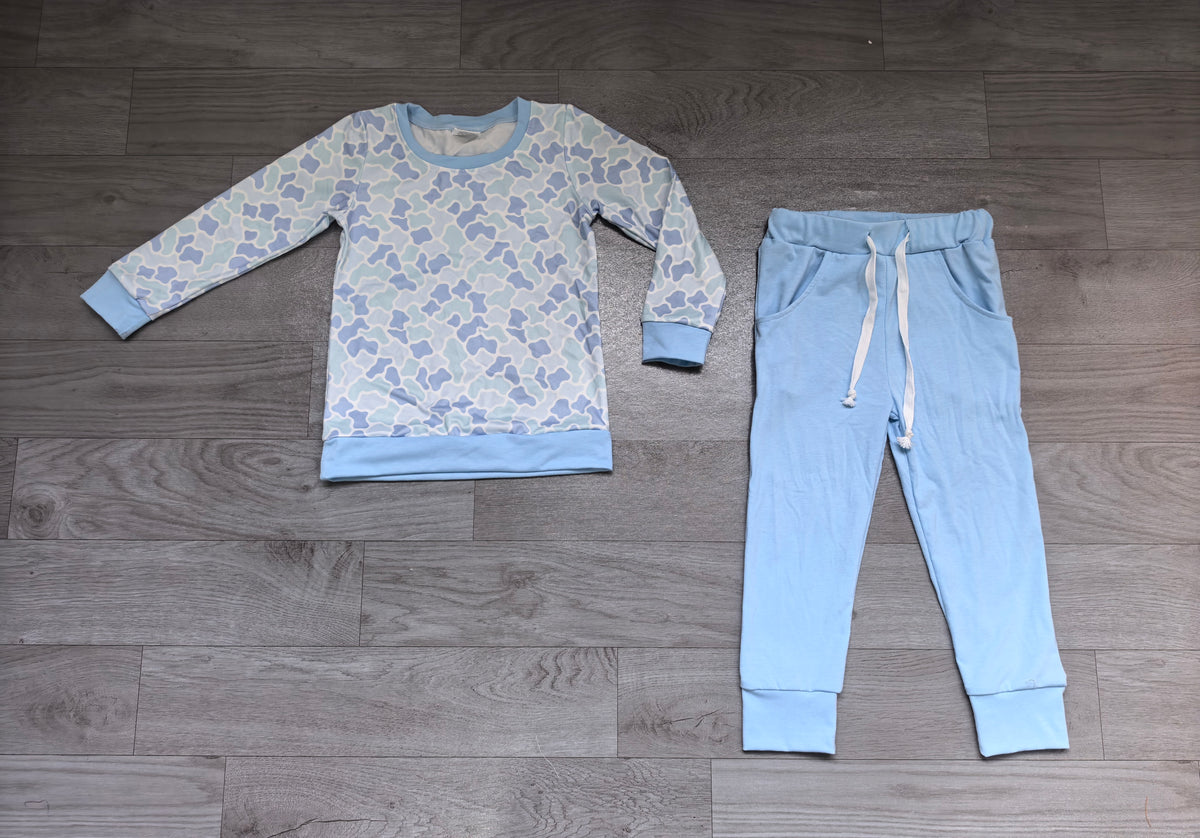 Sample-Real Pics BLP1465 Baby Boy Clothes Blue Cow Patchwork Mixed Print Long Sleeve Top And Drawstring Pant Set