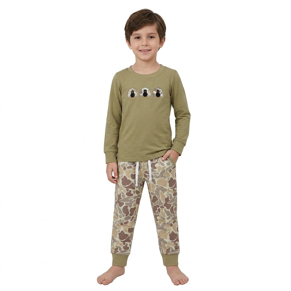 NO MOQ RTS BLP1474 Baby Boy Clothes Turkey Embroidery Camo Print Long Sleeve Pant Set 202610