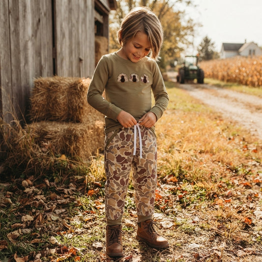 NO MOQ RTS BLP1474 Baby Boy Clothes Turkey Embroidery Camo Print Long Sleeve Pant Set 202610