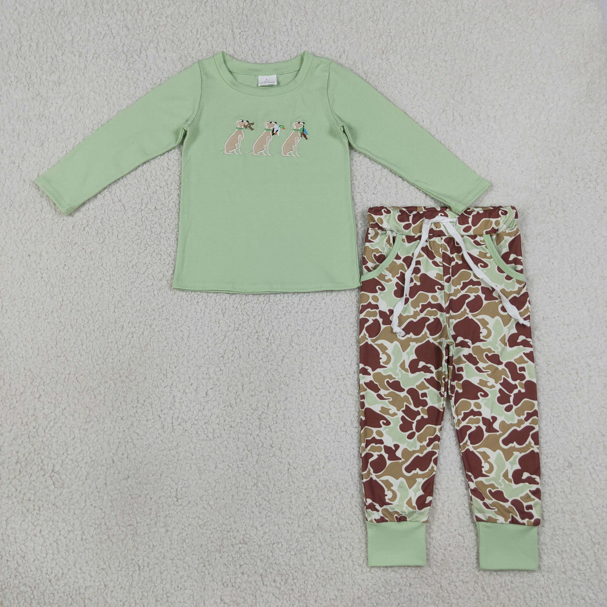 NO MOQ RTS BLP1492-embroidery Baby Girl Clothes Camo Print Scalloped Long Sleeve Top and Shorts Set 202609