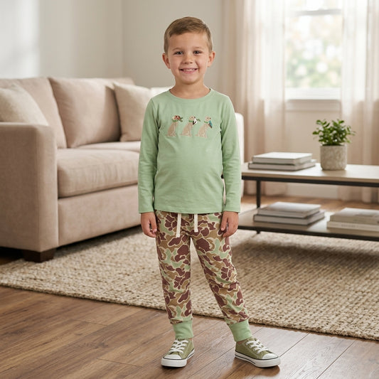 NO MOQ RTS BLP1492-embroidery Baby Girl Clothes Camo Print Scalloped Long Sleeve Top and Shorts Set 202609