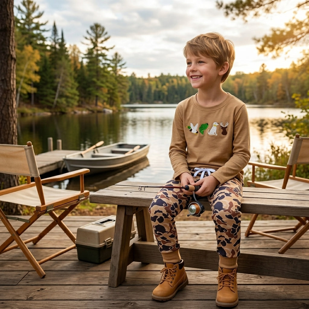 RTS BLP1493 embroidery Kids Long Sleeve Embroidery Top & Camo Pants Outfit Set 202608
