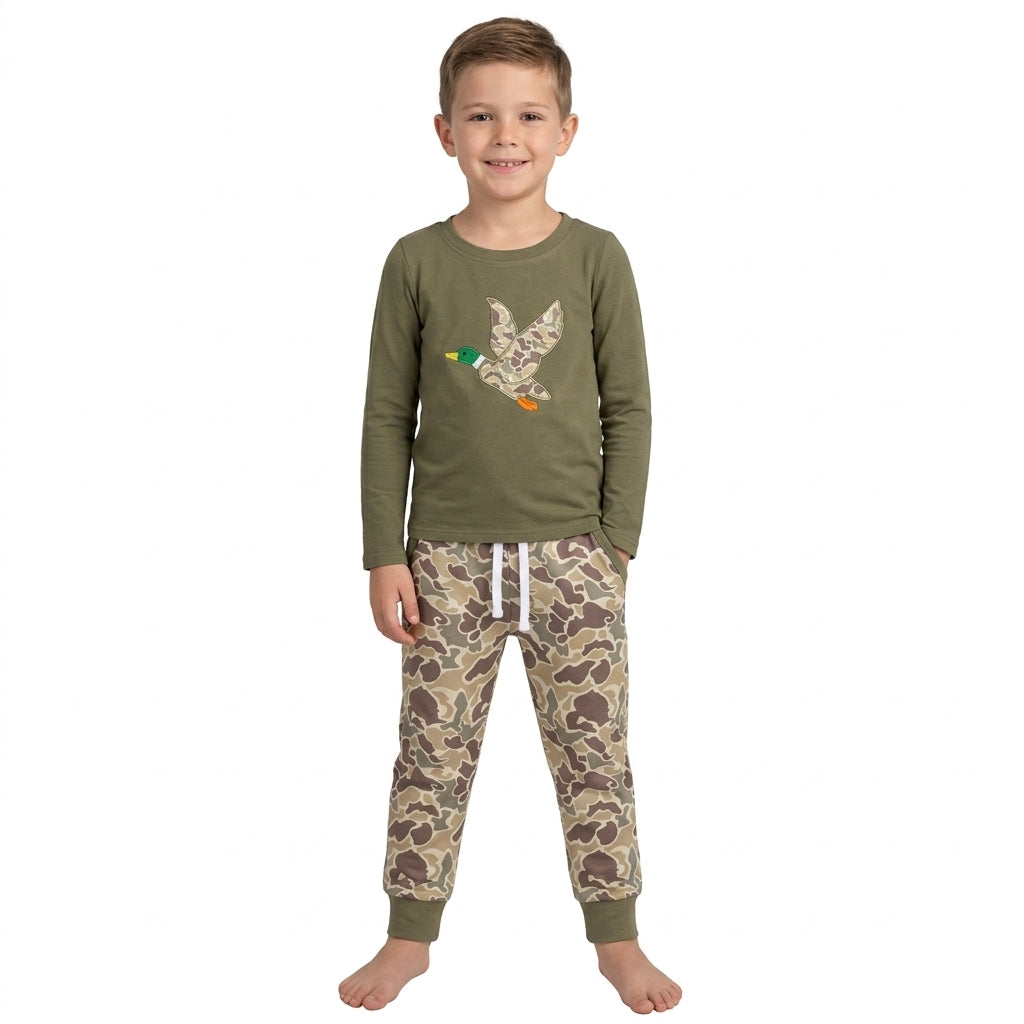 NO MOQ RTS BLP1494Baby Boy Clothes Flying Duck Embroidery Camo Print Long Sleeve Pant Set 202610