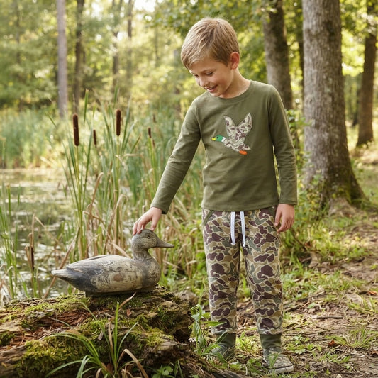 NO MOQ RTS BLP1494Baby Boy Clothes Flying Duck Embroidery Camo Print Long Sleeve Pant Set 202610