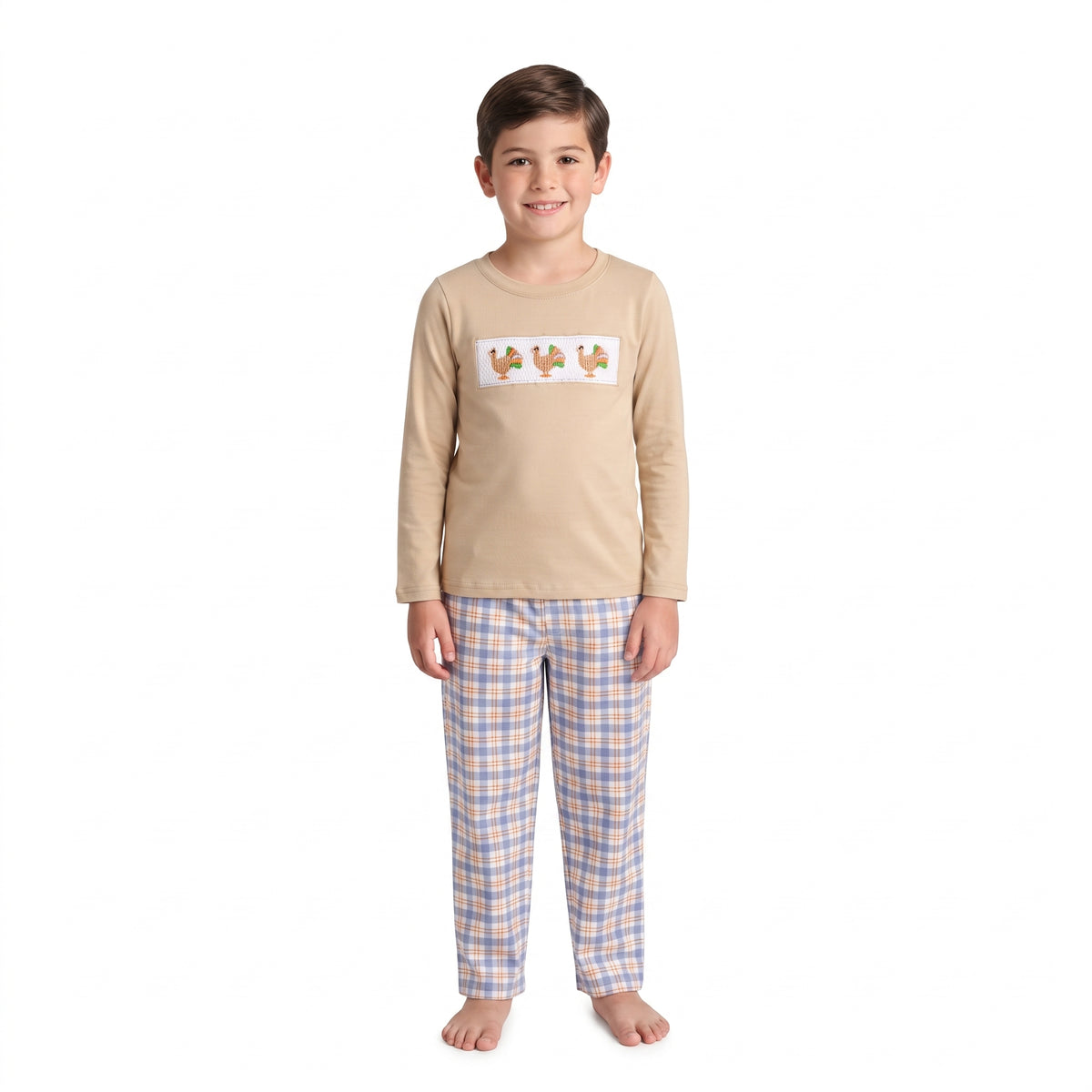 NO MOQ RTS BLP1495-embroidery Baby Boy Clothes Thanksgiving Turkey Embroidery Long Sleeve Tee Plaid Pant Outfit Set 202610