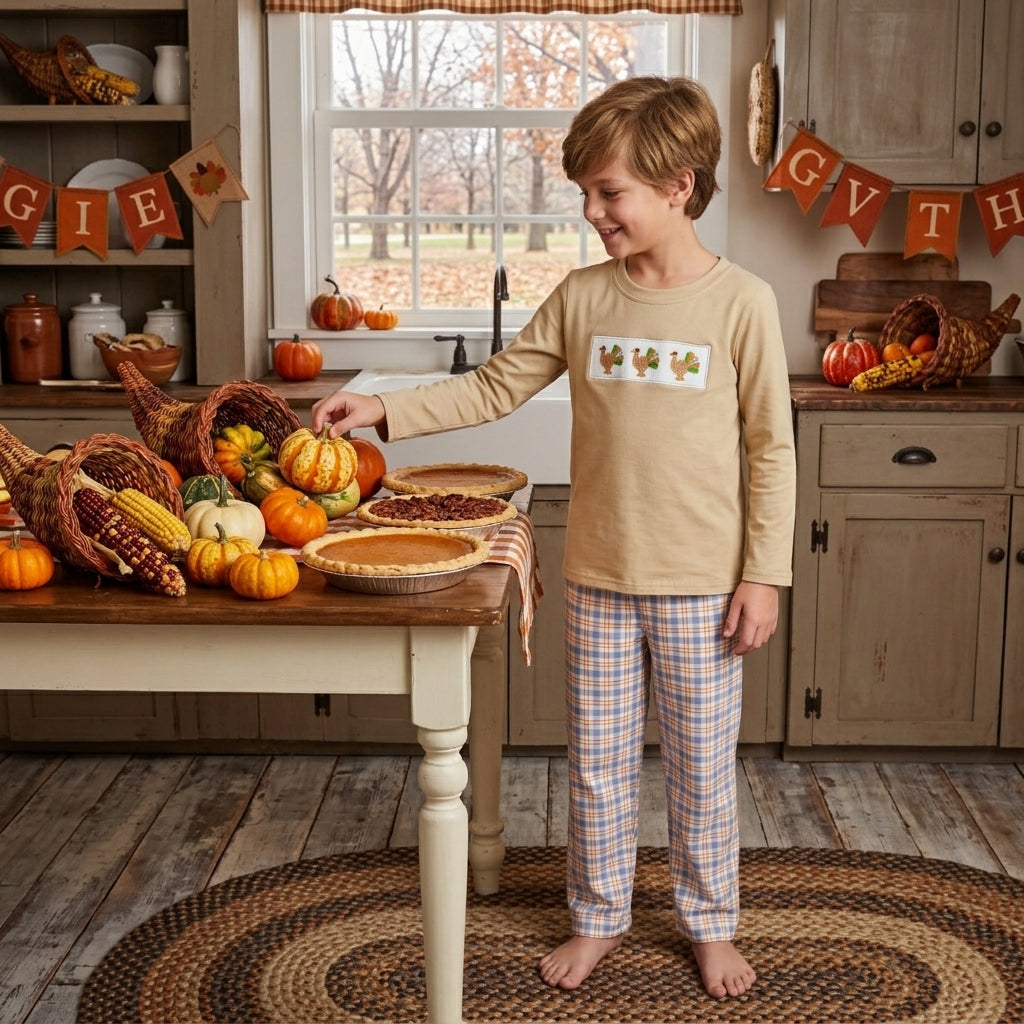 NO MOQ RTS BLP1495-embroidery Baby Boy Clothes Thanksgiving Turkey Embroidery Long Sleeve Tee Plaid Pant Outfit Set 202610