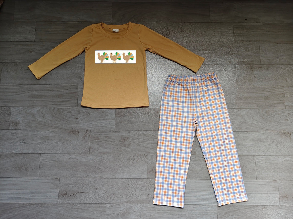 Sample-Real Pics BLP1495 Baby Girl Clothes Thanksgiving Turkey Graphic Print Long Sleeve Top Plaid Pant Set