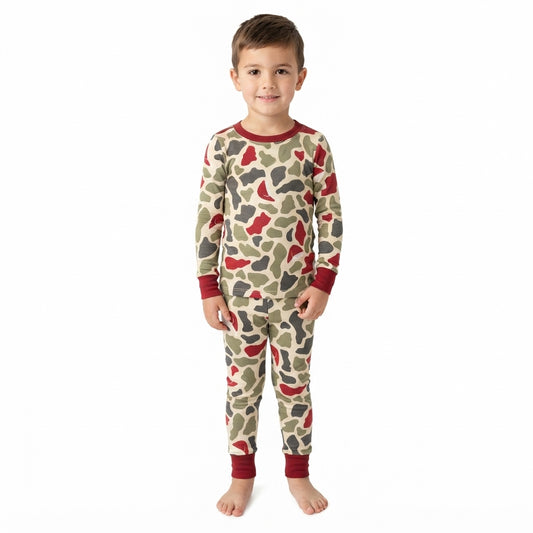 NO MOQ RTS BLP1496 Baby Boy Clothes Christmas Camo Santa Hat Print Long Sleeve Cuff Pajama Set 202609