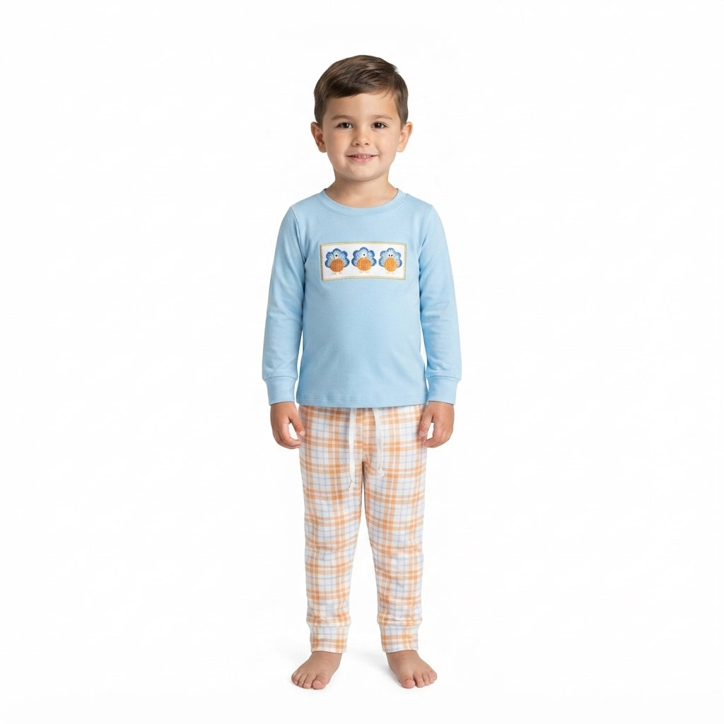 NO MOQ RTS BLP1498-embroidery Baby Boy Clothes Thanksgiving Turkey Embroidery Long Sleeve Top Plaid Pant Set 202609