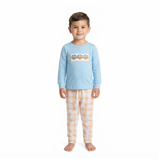 NO MOQ RTS BLP1498-embroidery Baby Boy Clothes Thanksgiving Turkey Embroidery Long Sleeve Top Plaid Pant Set 202609