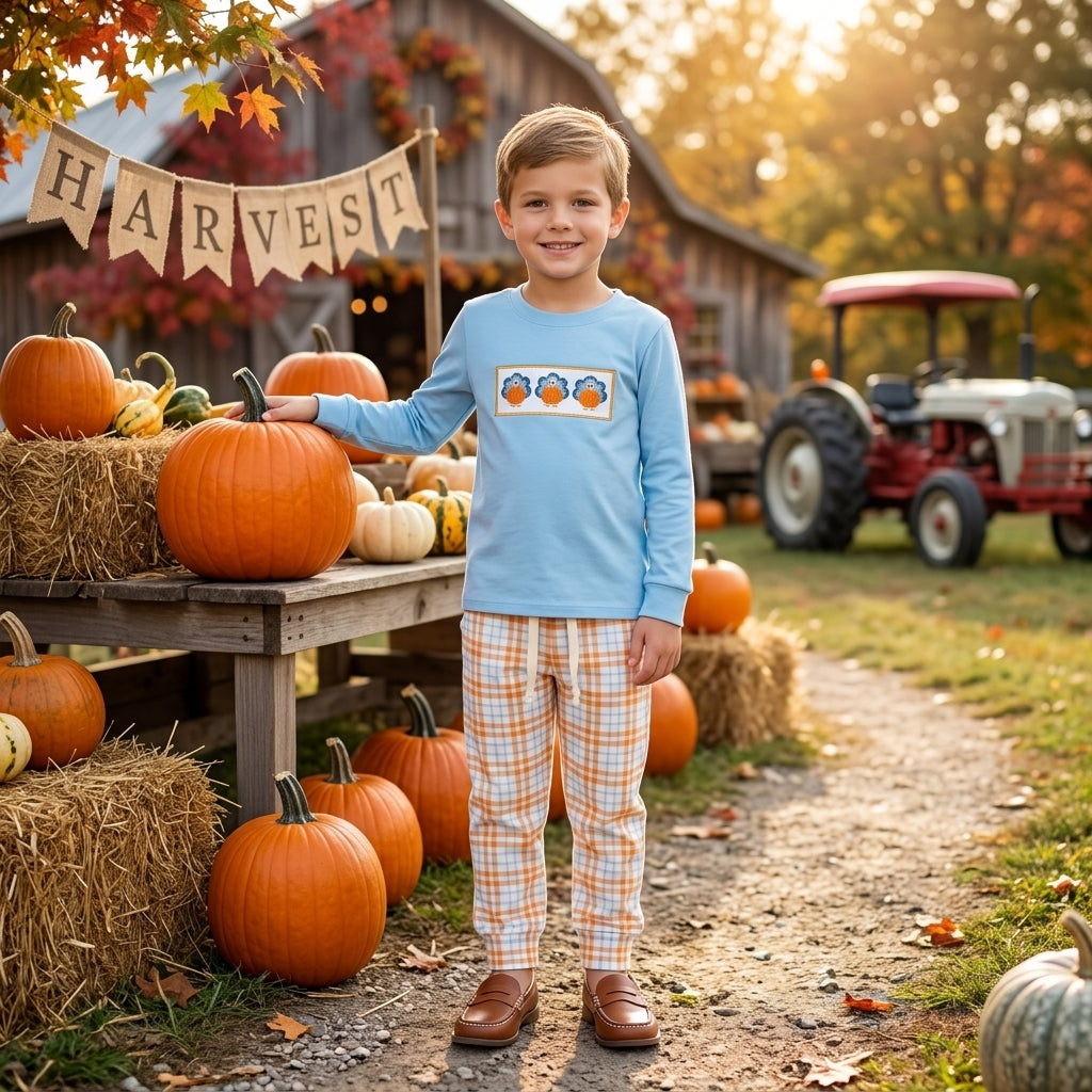 NO MOQ RTS BLP1498-embroidery Baby Boy Clothes Thanksgiving Turkey Embroidery Long Sleeve Top Plaid Pant Set 202609