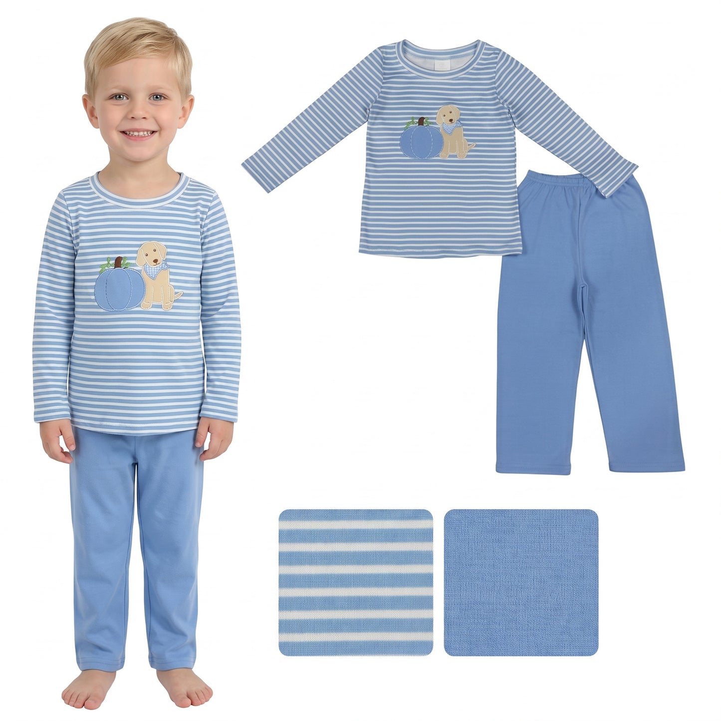 BLP1500 Blue cartoon pumpkin‑themed  boy outfit Embroidered 202608 RTS