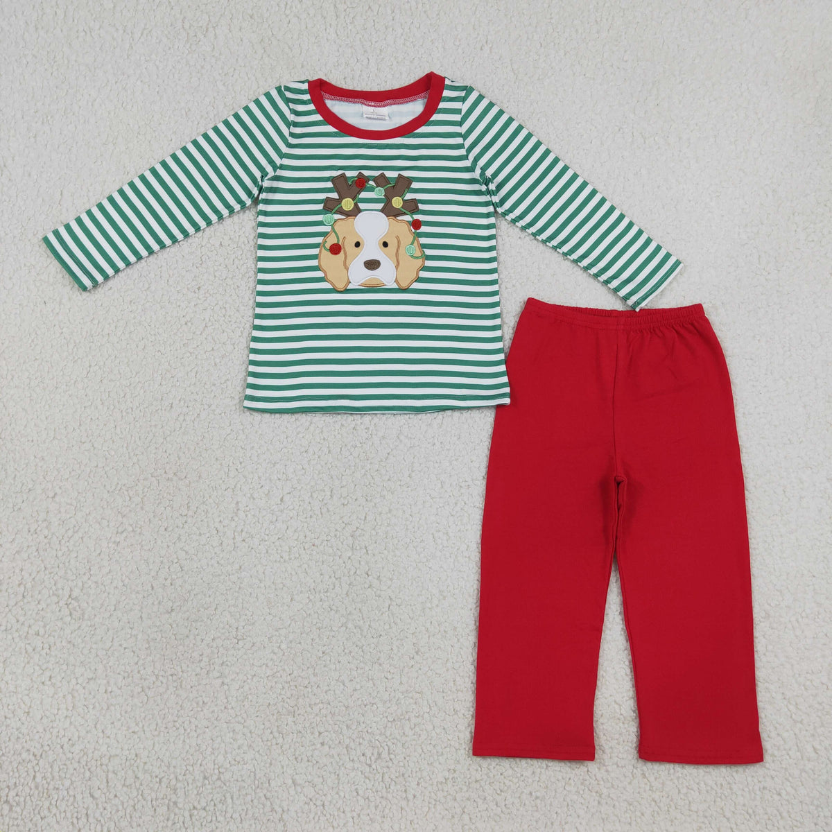NO MOQ RTS BLP1502-embroidery Baby Boy Clothes Christmas Dog Applique Stripe Long Sleeve Top Pants Set 202609