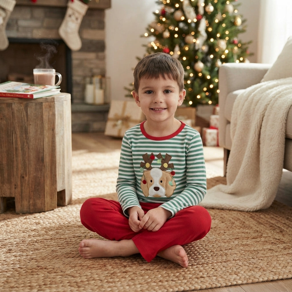 NO MOQ RTS BLP1502-embroidery Baby Boy Clothes Christmas Dog Applique Stripe Long Sleeve Top Pants Set 202609