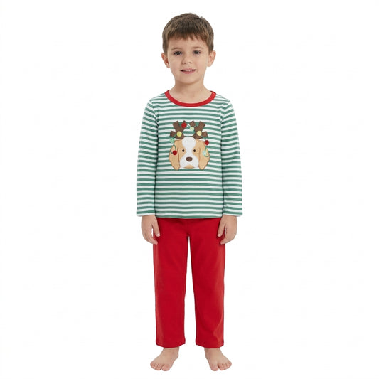 NO MOQ RTS BLP1502-embroidery Baby Boy Clothes Christmas Dog Applique Stripe Long Sleeve Top Pants Set 202609