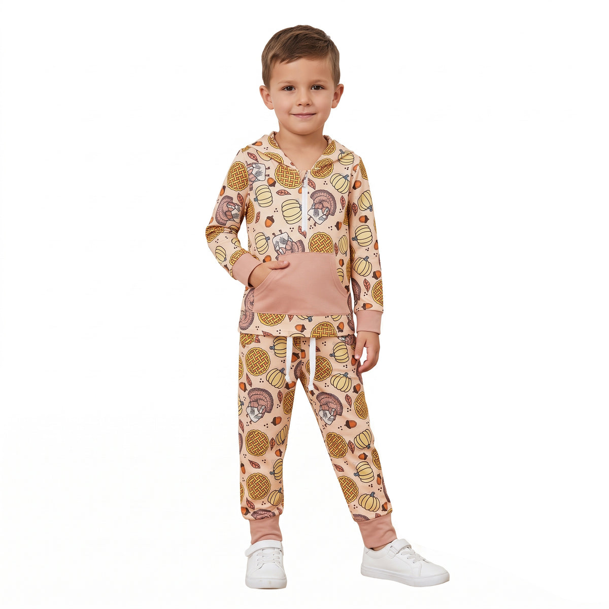 NO MOQ RTS BLP1504 Baby Boy Clothes Thanksgiving Turkey Pie Pumpkin Acorn Print Long Sleeve Half Zip Hoodie Jogger Pant Set 202609
