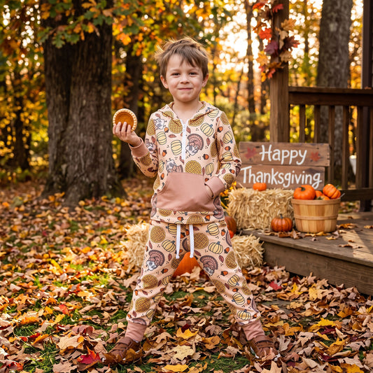 NO MOQ RTS BLP1504 Baby Boy Clothes Thanksgiving Turkey Pie Pumpkin Acorn Print Long Sleeve Half Zip Hoodie Jogger Pant Set 202609