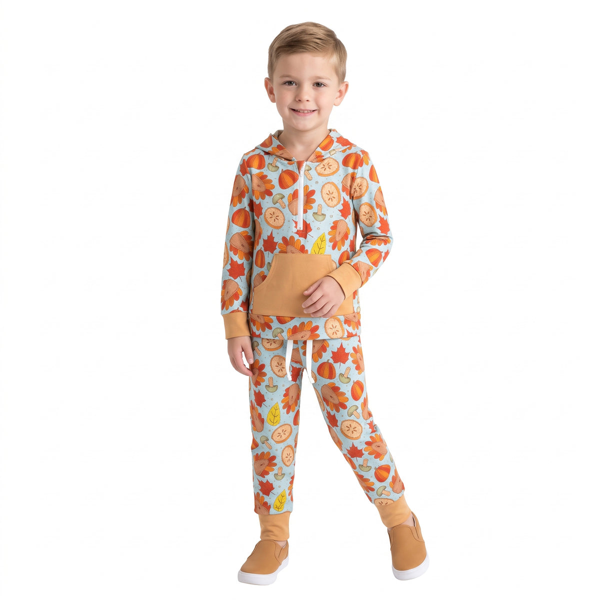 NO MOQ RTS Baby BLP1505(1) Boy Clothes Thanksgiving Turkey Pumpkin Full Print Long Sleeve Hooded Pant Set 202609