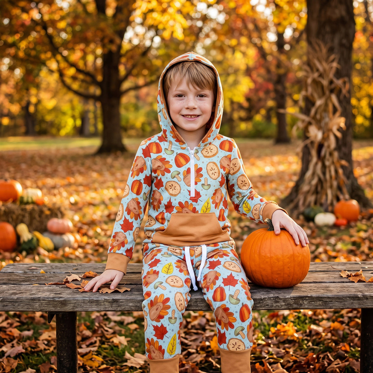 NO MOQ RTS Baby BLP1505(1) Boy Clothes Thanksgiving Turkey Pumpkin Full Print Long Sleeve Hooded Pant Set 202609