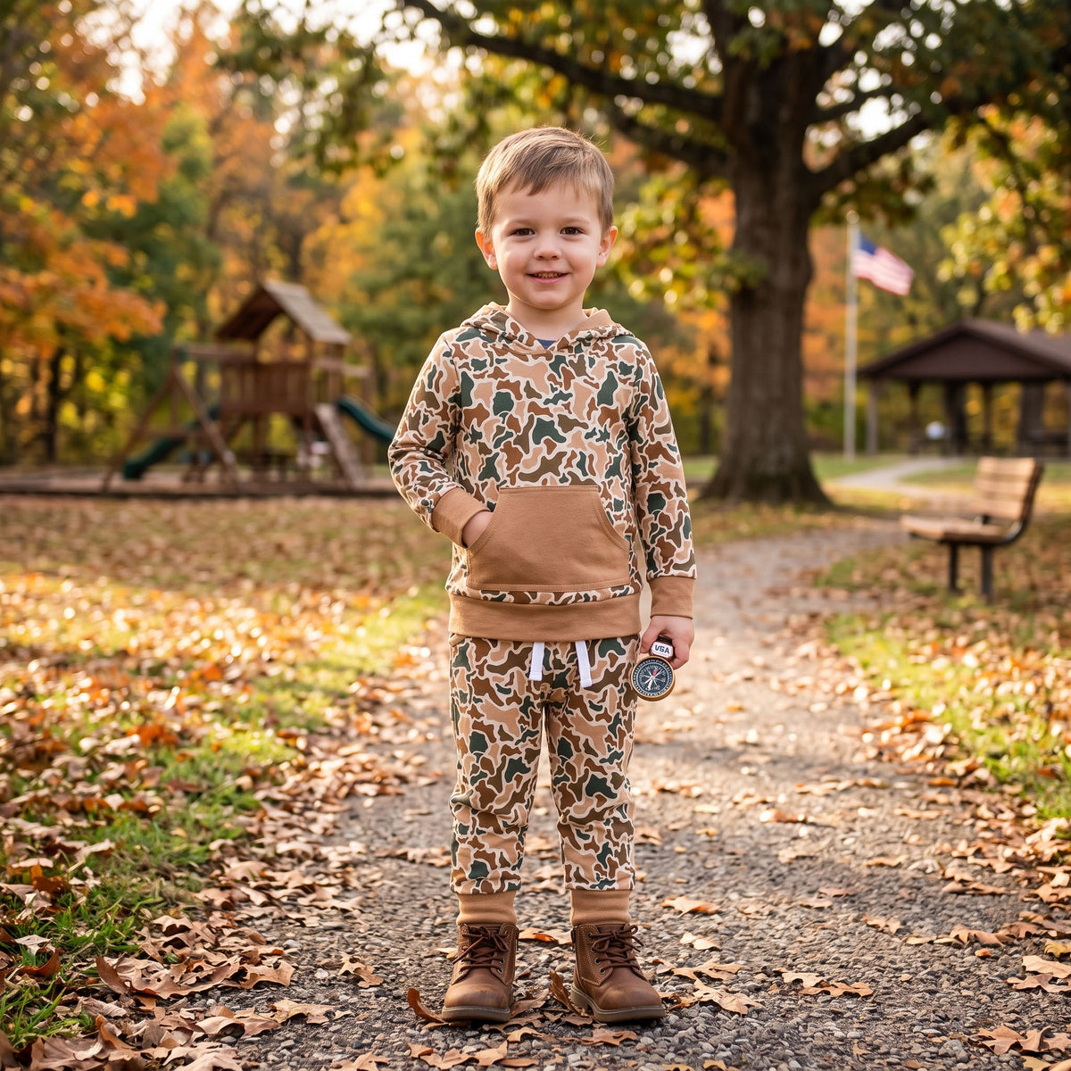 NO MOQ RTS BLP1509 Baby Boy Clothes Earth Tone Camo Print Long Sleeve Hoodie Pant Set