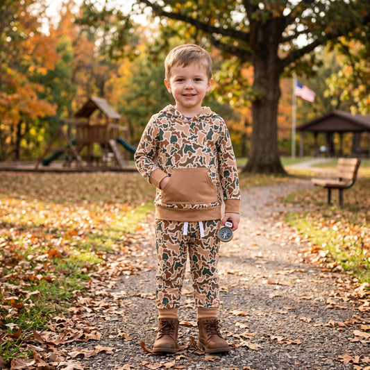 NO MOQ RTS BLP1509 Baby Boy Clothes Earth Tone Camo Print Long Sleeve Hoodie Pant Set
