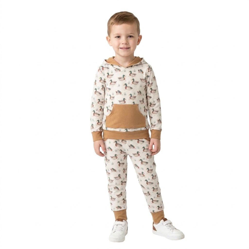 NO MOQ RTS BLP1510 Mallard Duck Hoodie Set Woodland Animal Top & Pants 2Pcs boy Pajamas