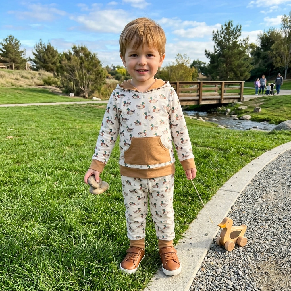 NO MOQ RTS BLP1510 Mallard Duck Hoodie Set Woodland Animal Top & Pants 2Pcs boy Pajamas
