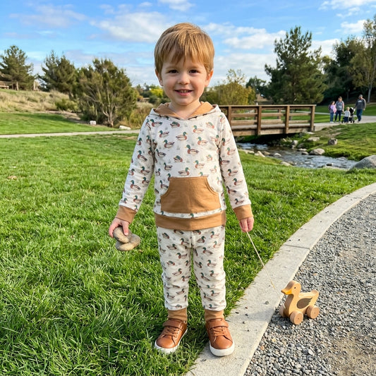 NO MOQ RTS BLP1510 Mallard Duck Hoodie Set Woodland Animal Top & Pants 2Pcs boy Pajamas