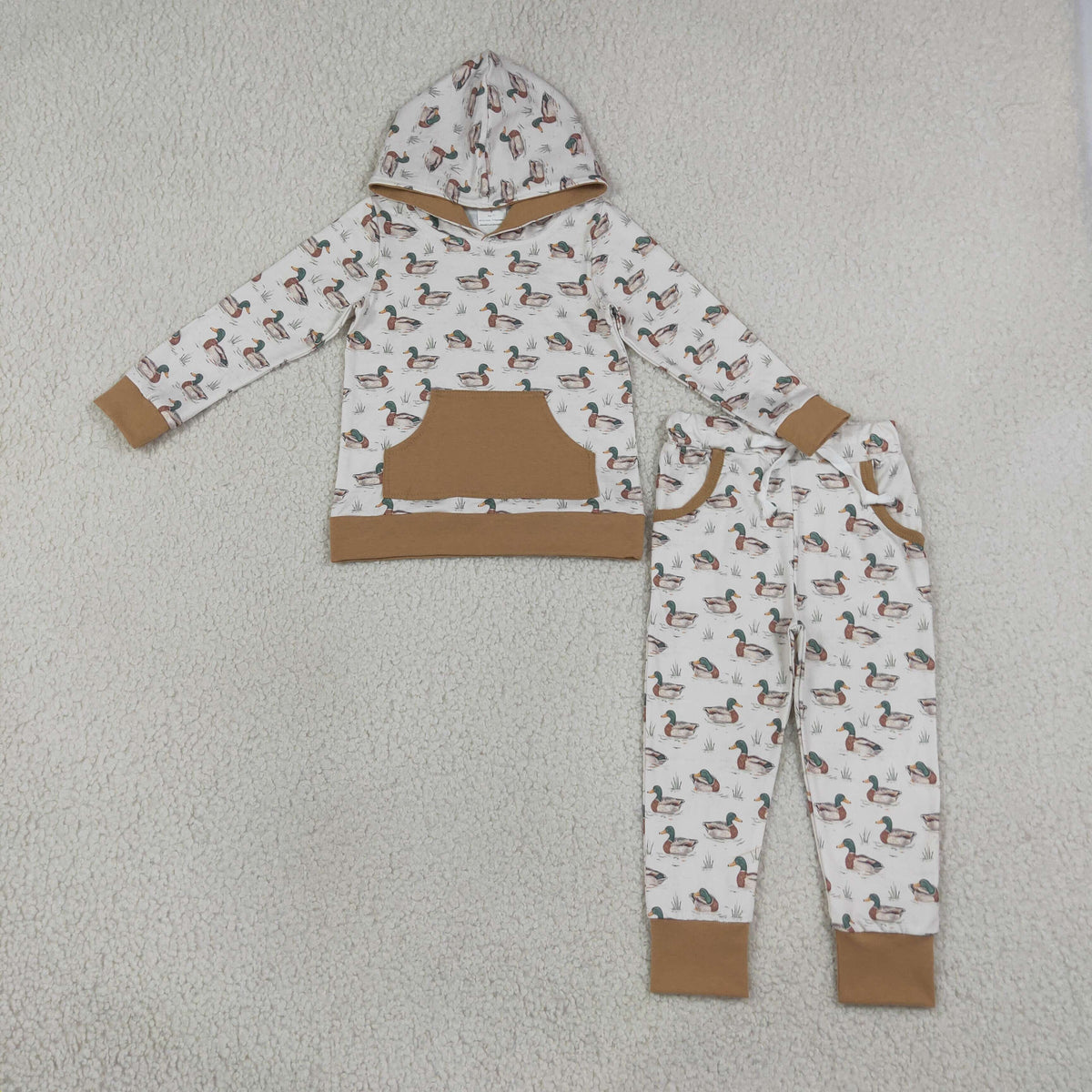 NO MOQ RTS BLP1510 Mallard Duck Hoodie Set Woodland Animal Top & Pants 2Pcs boy Pajamas
